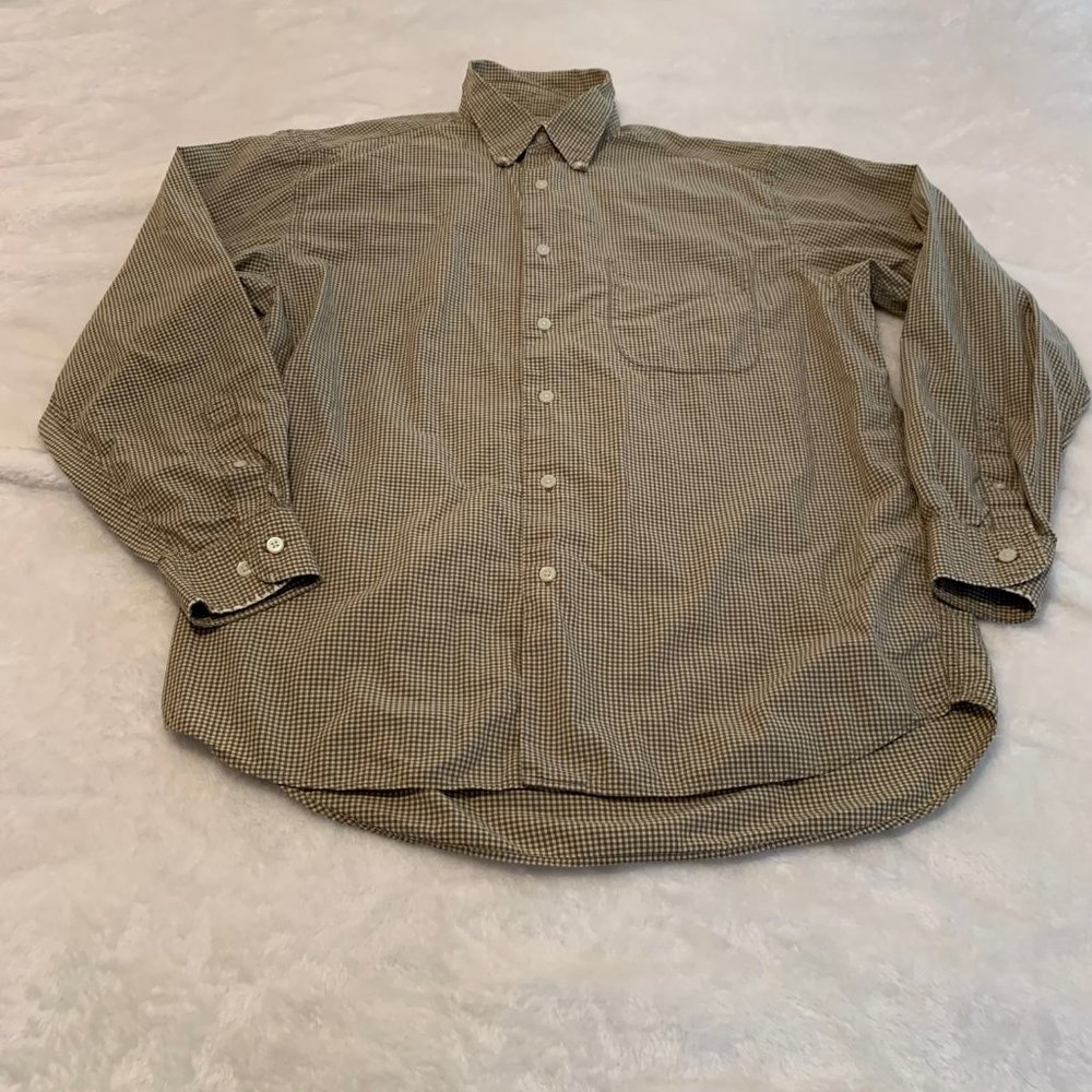 Eddie Bauer Cream and Green Checked Button Down Long Sleeve Shirt Size M
